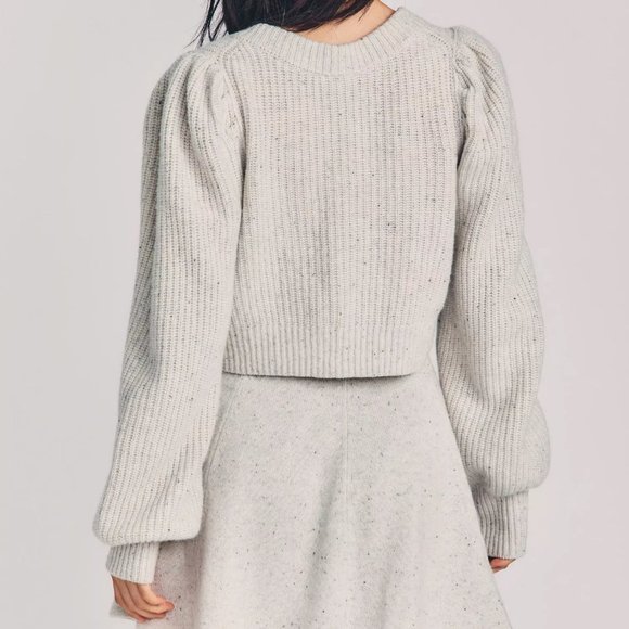 Love Shack Fancy Robinson Cropped Cashmere Cardigan Grey Gold Buttons Size Large - Picture 2 of 10